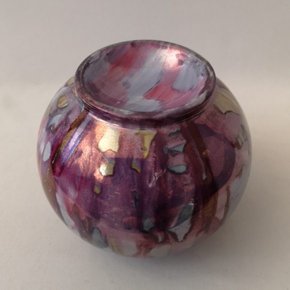 Gorgeous Squat Ceremic Bowl / Vase with Drip Glaze with Purple, Pink, Blue, Gold - Picture 5 of 5